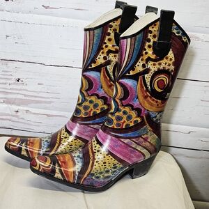 Corkys Fun Bohemian Bold Print Rubber Boots Pointed Toe Cowgirl Rain Boots Sz-8